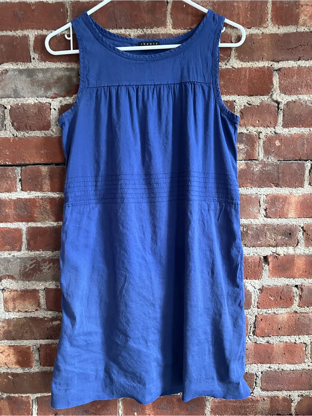 Theory Linen Sleeveless Shift Dress Royal Blue Pockets Gathered Waist Sz P/XS
